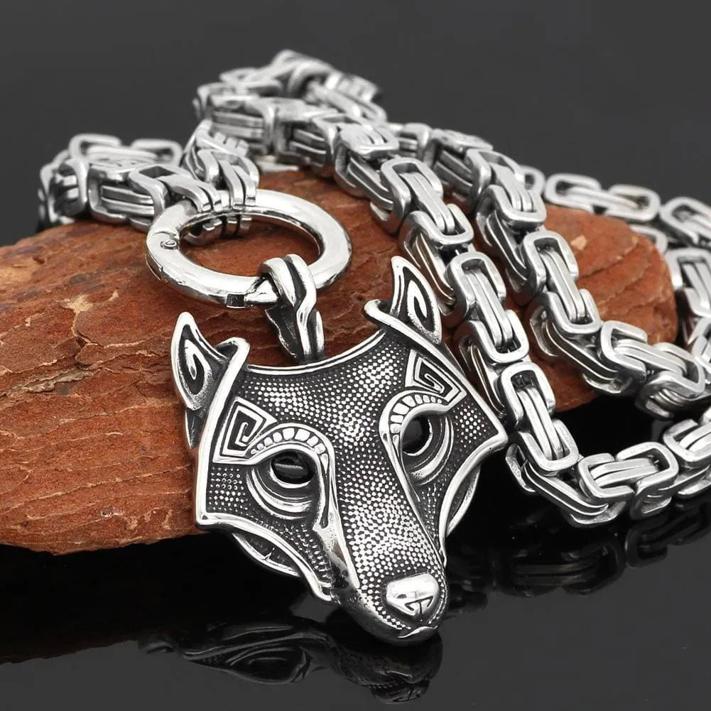 Stainless Steel Link Kings Chain with Stainless Steel Fenrir Pendant