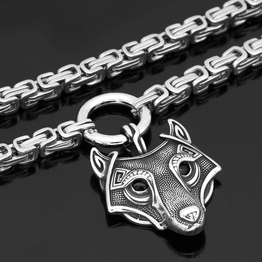 Stainless Steel Link Kings Chain with Stainless Steel Fenrir Pendant