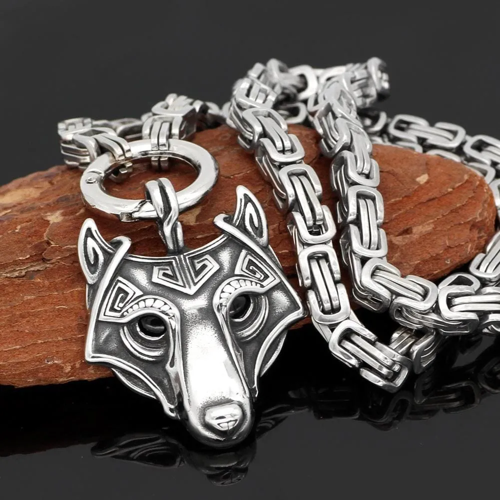 Stainless Steel Link Kings Chain with Stainless Steel Fenrir Pendant