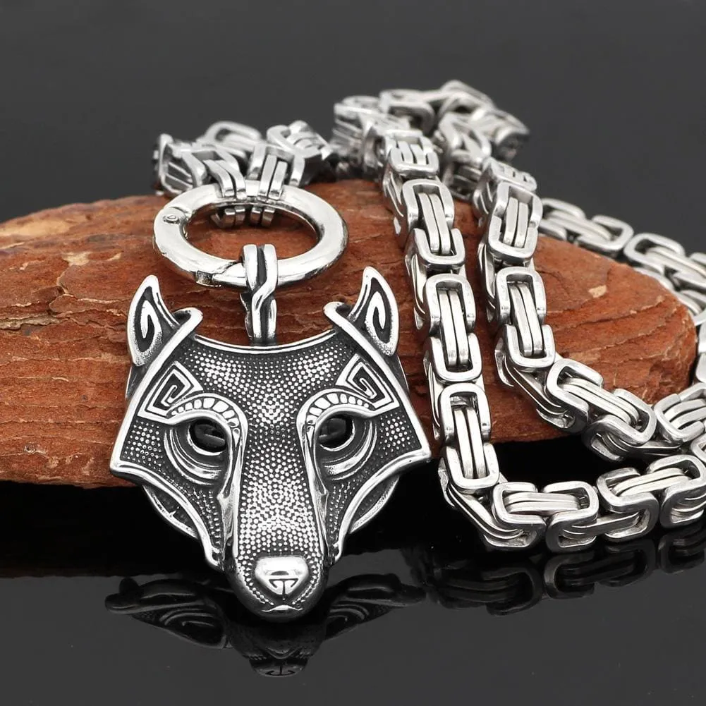 Stainless Steel Link Kings Chain with Stainless Steel Fenrir Pendant