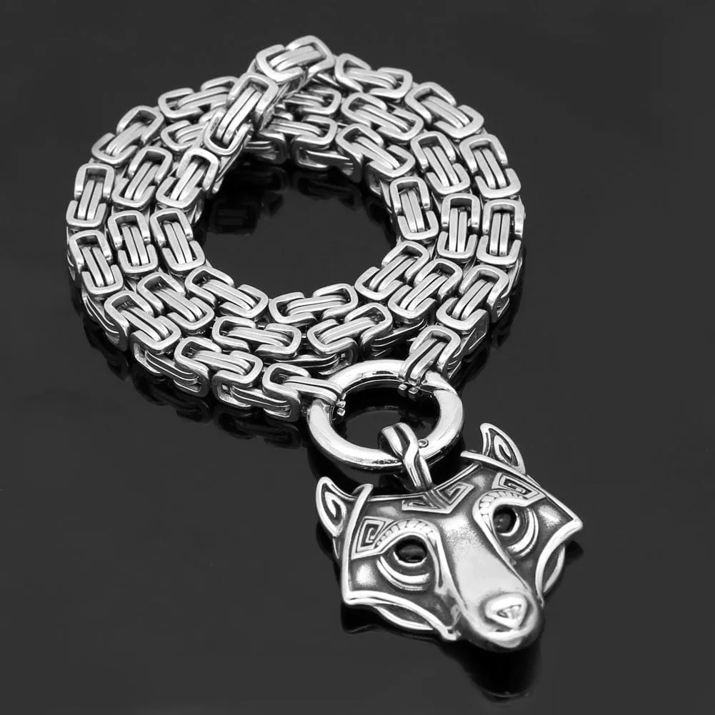 Stainless Steel Link Kings Chain with Stainless Steel Fenrir Pendant