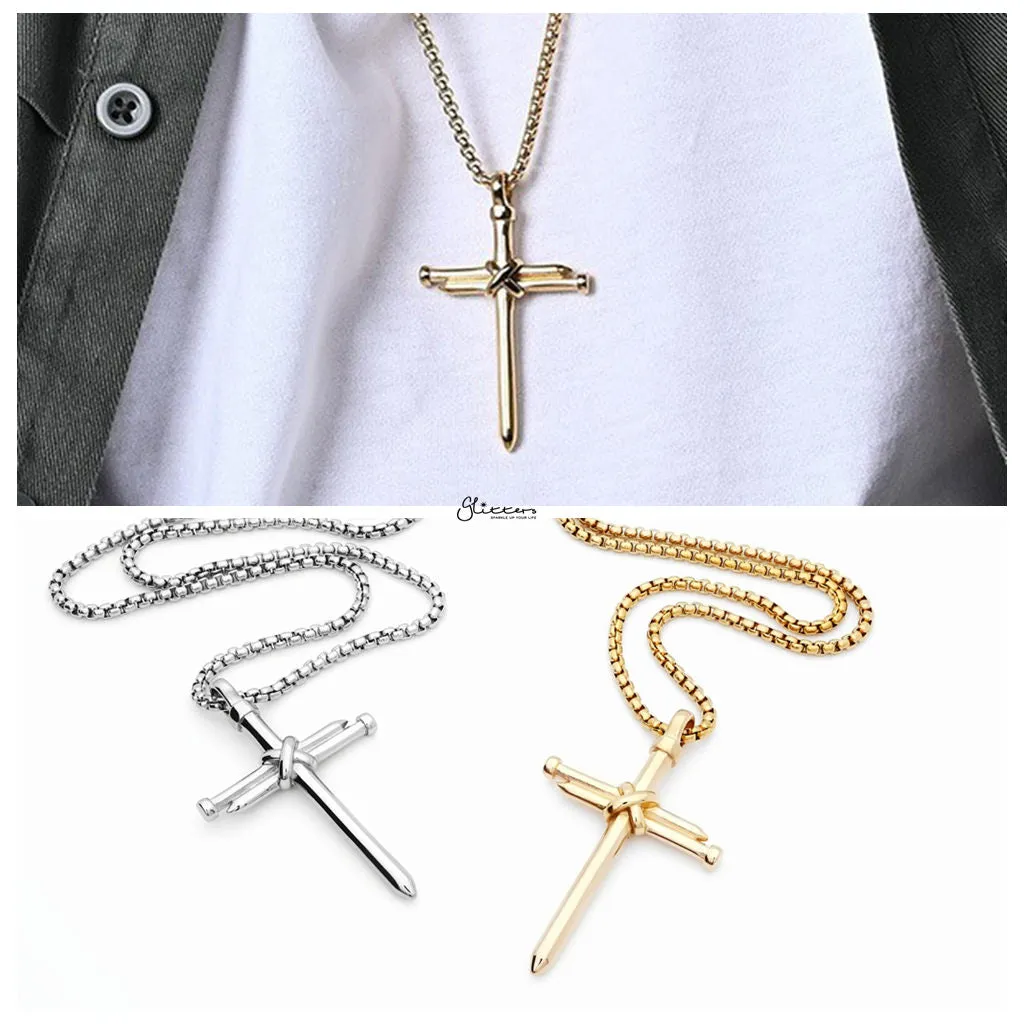 Stainless Steel Nail Rope Cross Pendant - Silver