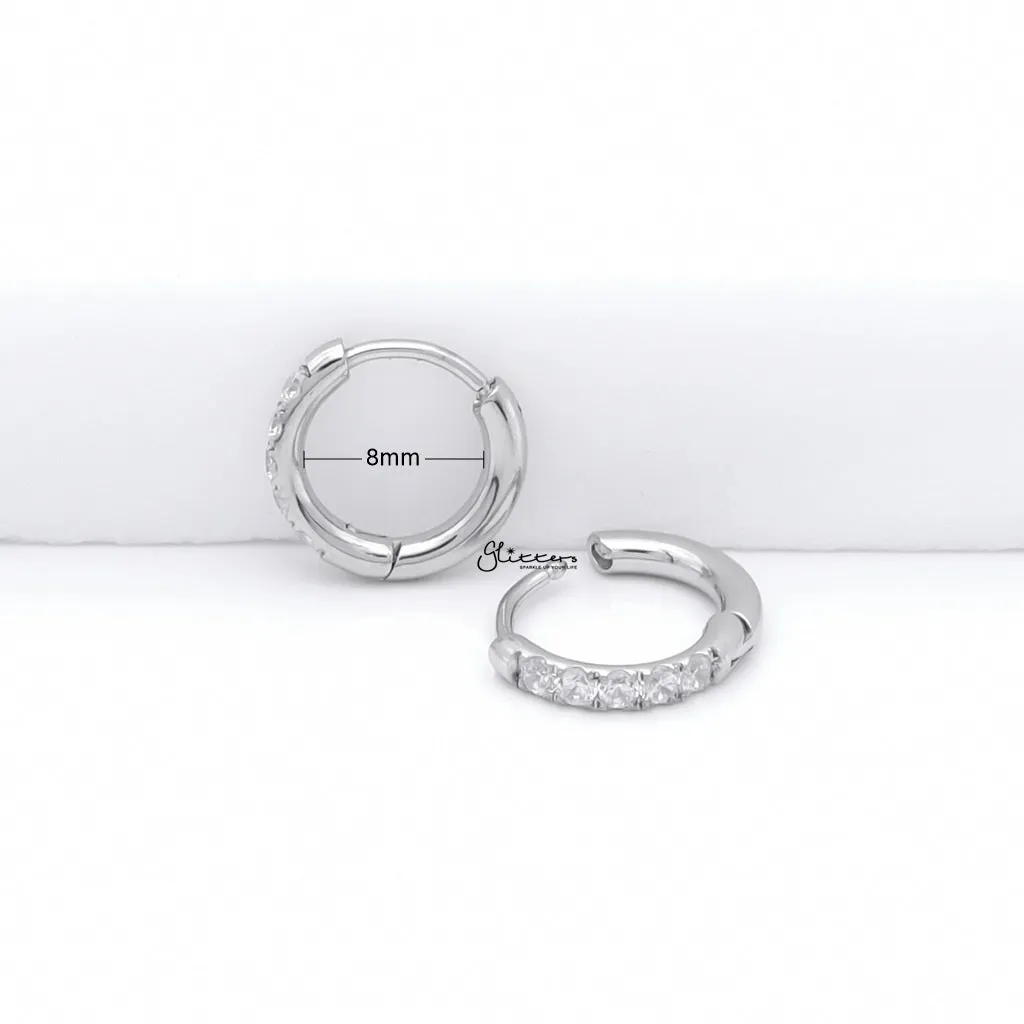 Stainless Steel Round CZ Huggie Hoop Earrings - Silver