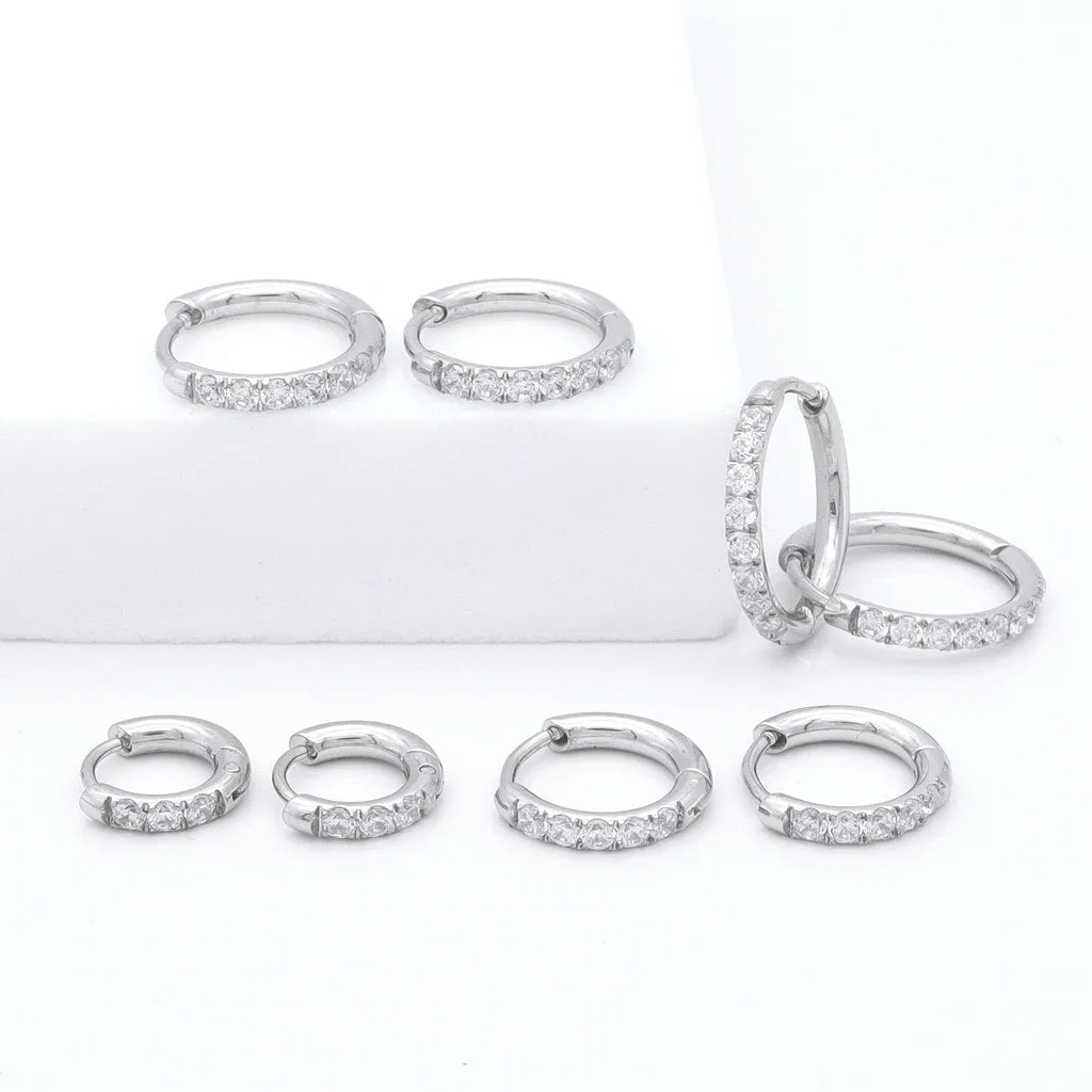 Stainless Steel Round CZ Huggie Hoop Earrings - Silver