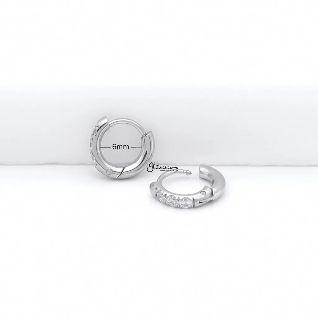 Stainless Steel Round CZ Huggie Hoop Earrings - Silver