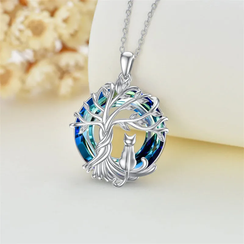 Sterling Silver Cat Tree of Life Pendant Necklace with Blue Circle Cat Necklace Crystal Birthday Christmas Gifts