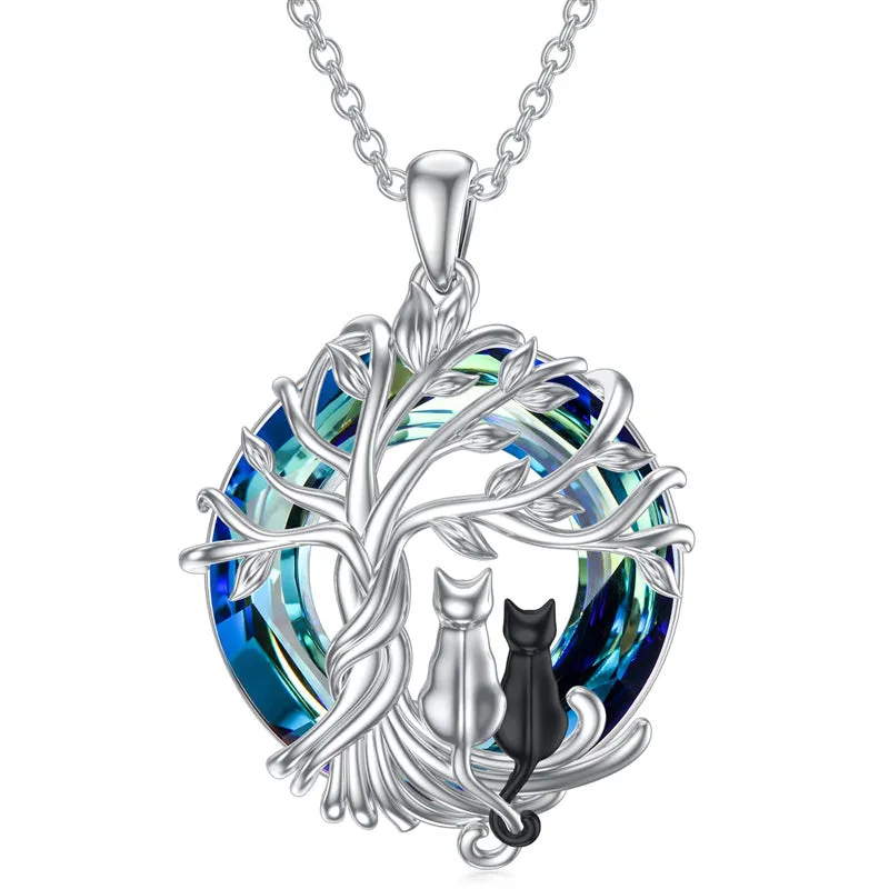 Sterling Silver Cat Tree of Life Pendant Necklace with Blue Circle Cat Necklace Crystal Birthday Christmas Gifts