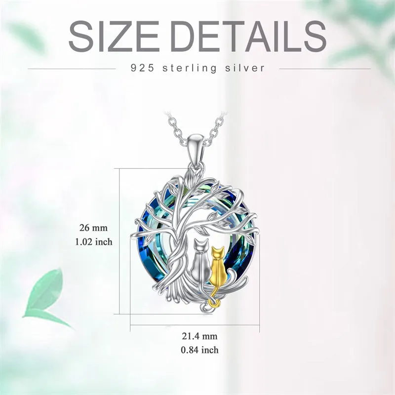 Sterling Silver Cat Tree of Life Pendant Necklace with Blue Circle Cat Necklace Crystal Birthday Christmas Gifts