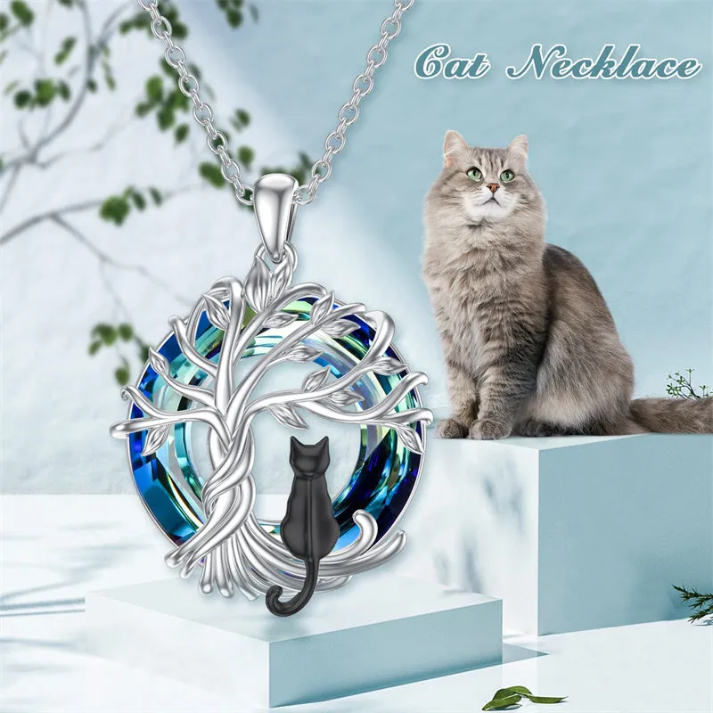 Sterling Silver Cat Tree of Life Pendant Necklace with Blue Circle Cat Necklace Crystal Birthday Christmas Gifts