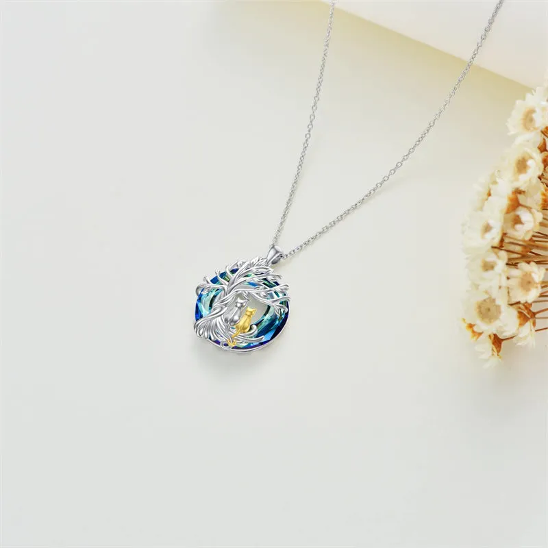 Sterling Silver Cat Tree of Life Pendant Necklace with Blue Circle Cat Necklace Crystal Birthday Christmas Gifts