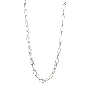 Sterling Silver Handmade Oval Link Long Chain Necklace with Center Double Layer of Chain