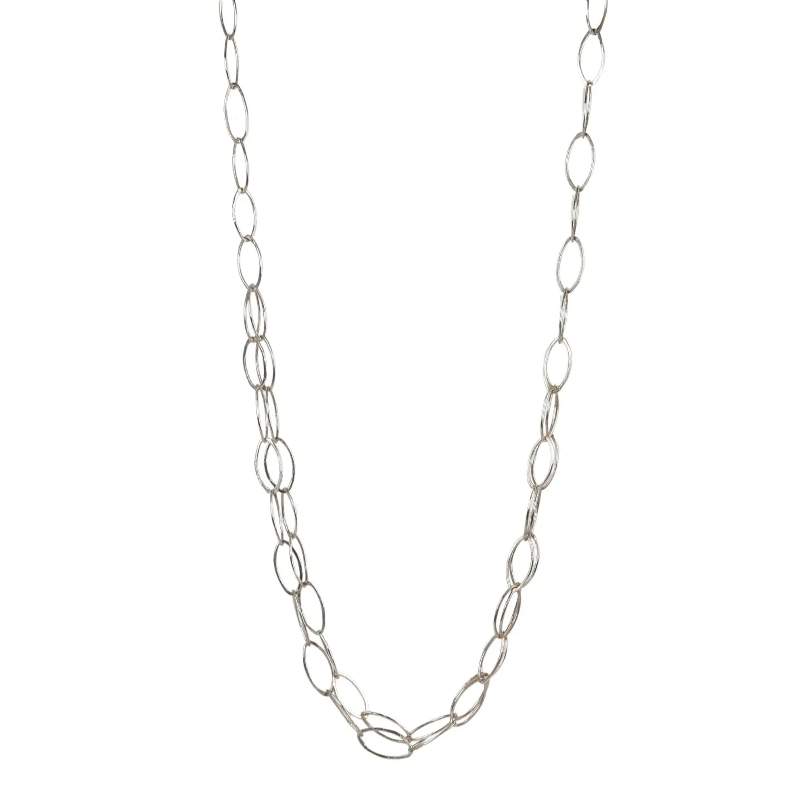 Sterling Silver Handmade Oval Link Long Chain Necklace with Center Double Layer of Chain