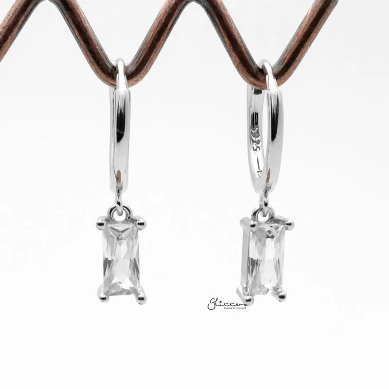 Sterling Silver Huggie Hoop Earrings with Dangle Baguette CZ - Silver