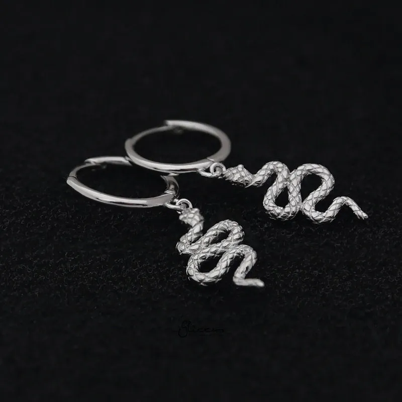 Sterling Silver Huggie Hoop Earrings with Dangle Snake - Silver