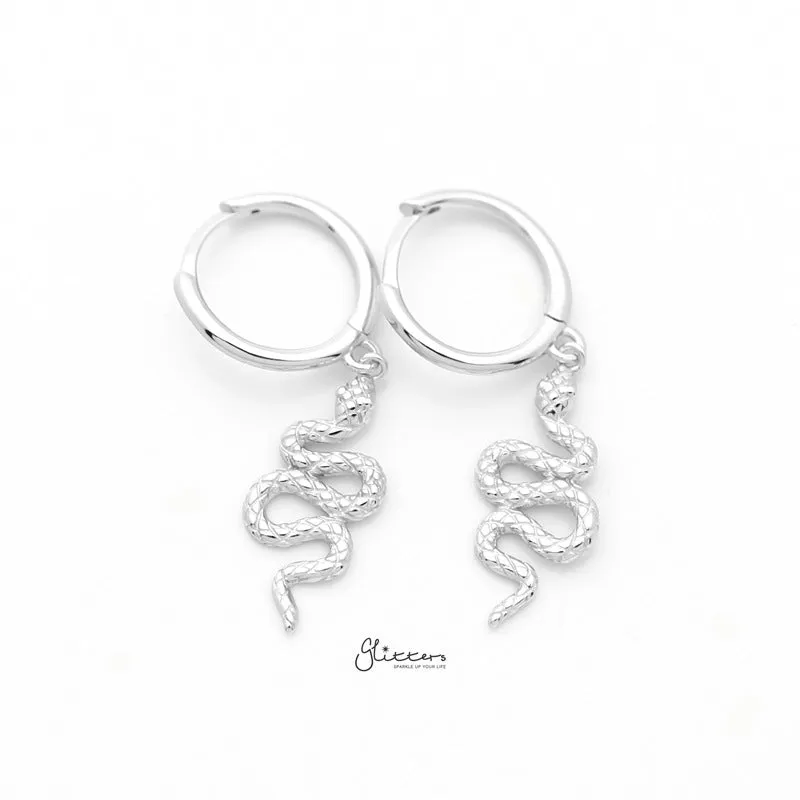 Sterling Silver Huggie Hoop Earrings with Dangle Snake - Silver