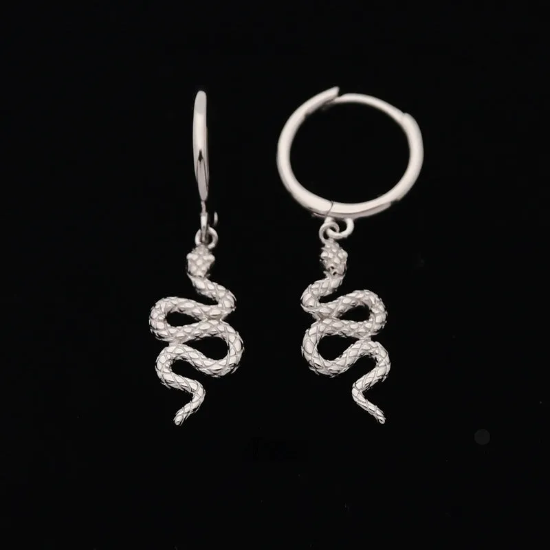 Sterling Silver Huggie Hoop Earrings with Dangle Snake - Silver