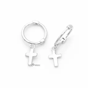 Sterling Silver One-Touch Hoop Earrings with Dangle Cross - Silver