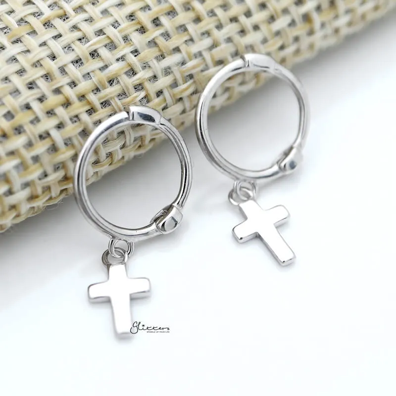 Sterling Silver One-Touch Hoop Earrings with Dangle Cross - Silver