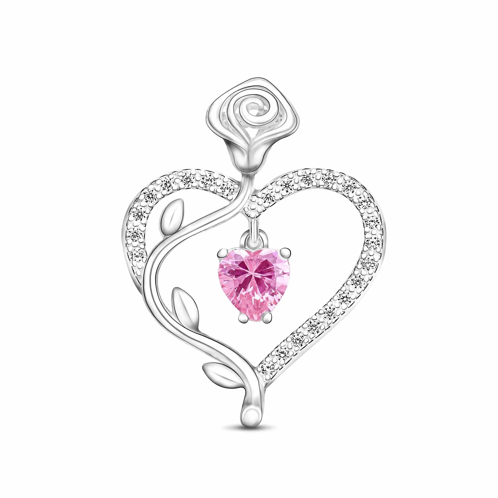 Sterling Silver Rose Heart Pendant with Pink CZ