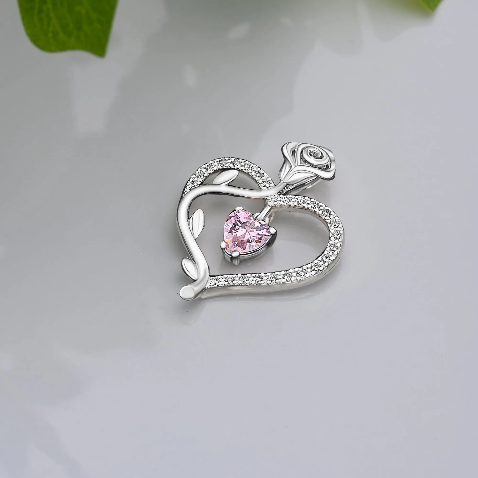 Sterling Silver Rose Heart Pendant with Pink CZ