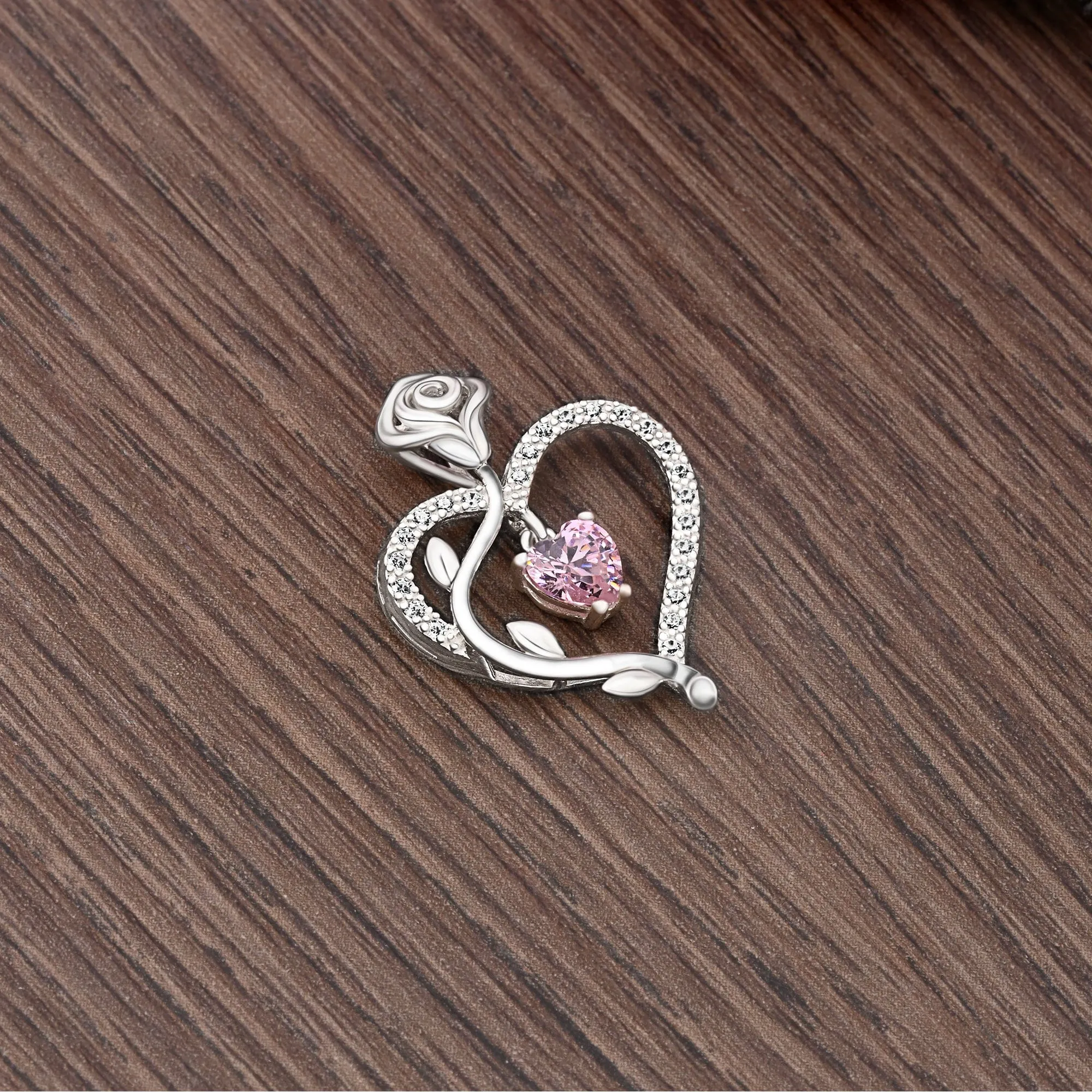 Sterling Silver Rose Heart Pendant with Pink CZ