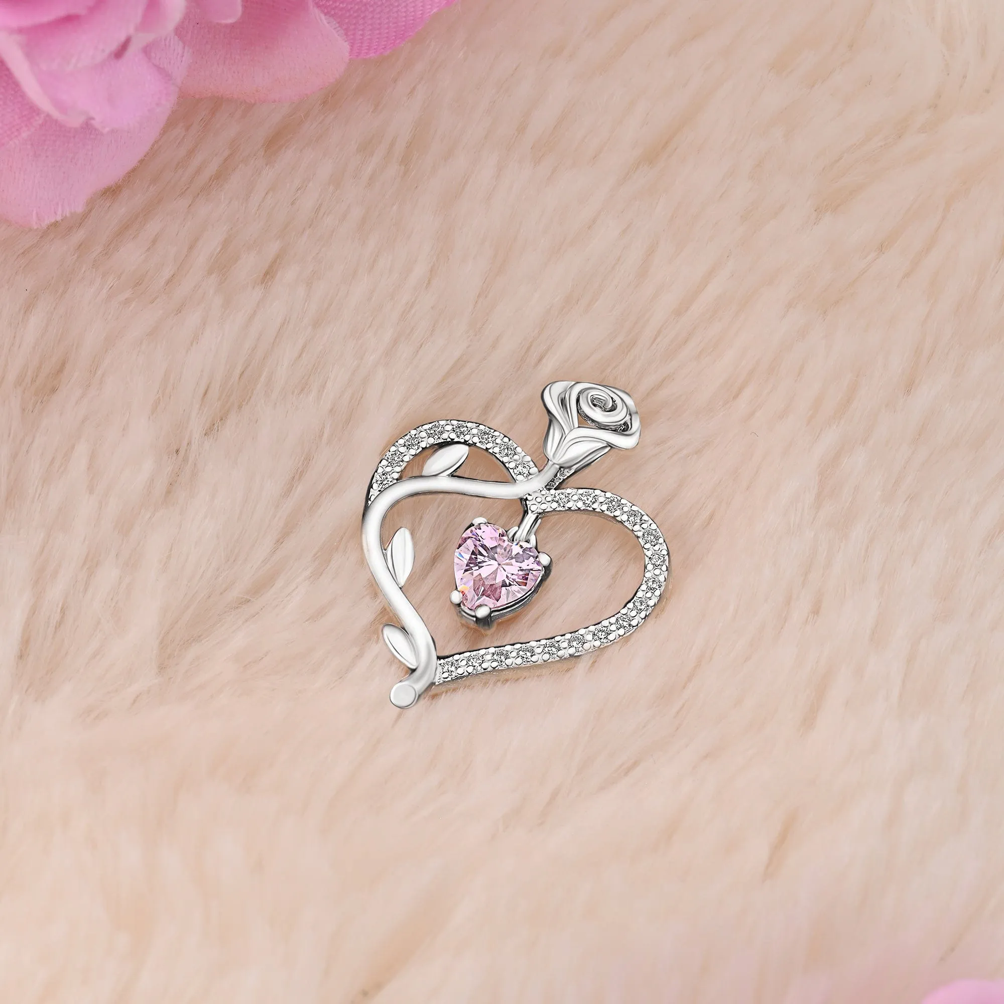 Sterling Silver Rose Heart Pendant with Pink CZ