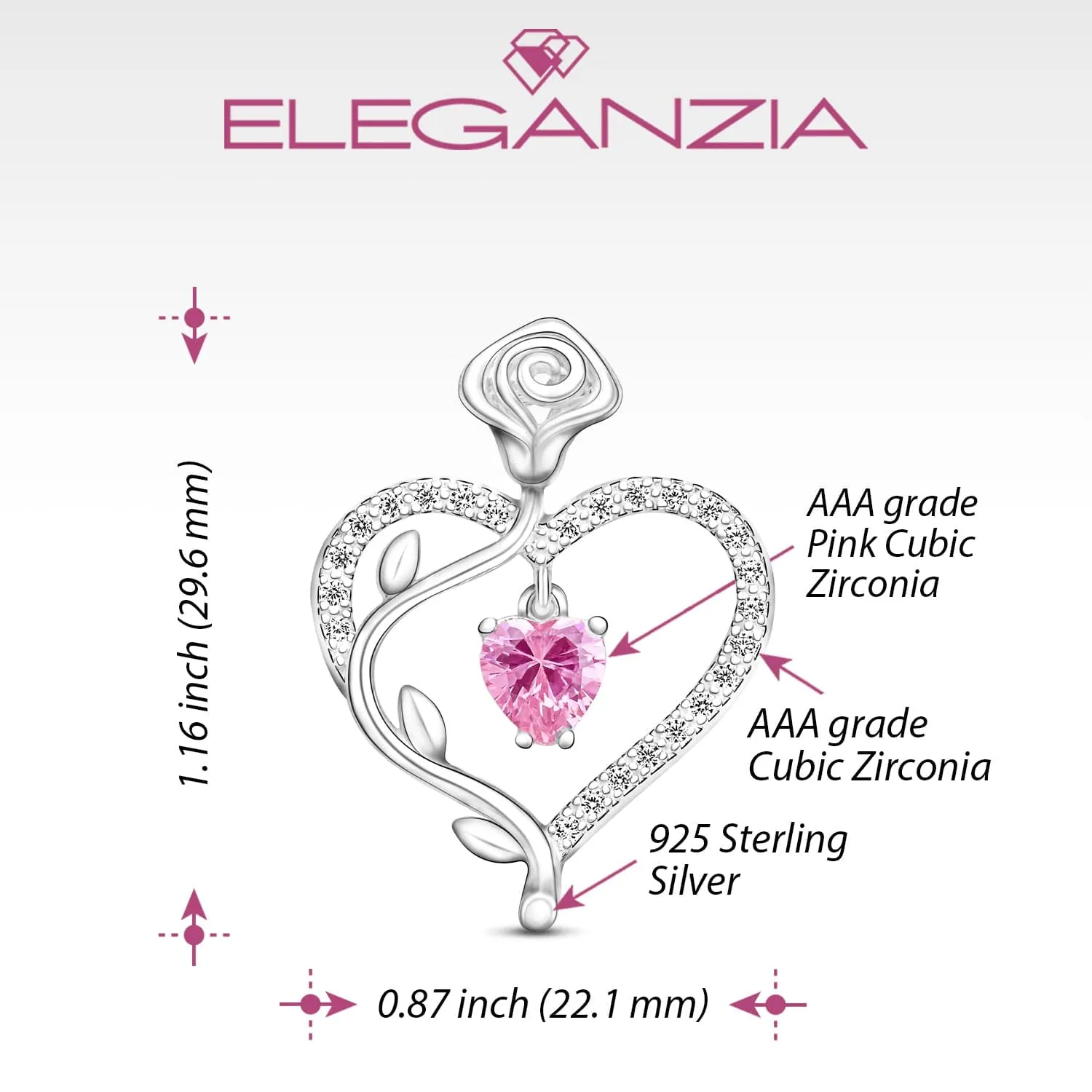 Sterling Silver Rose Heart Pendant with Pink CZ