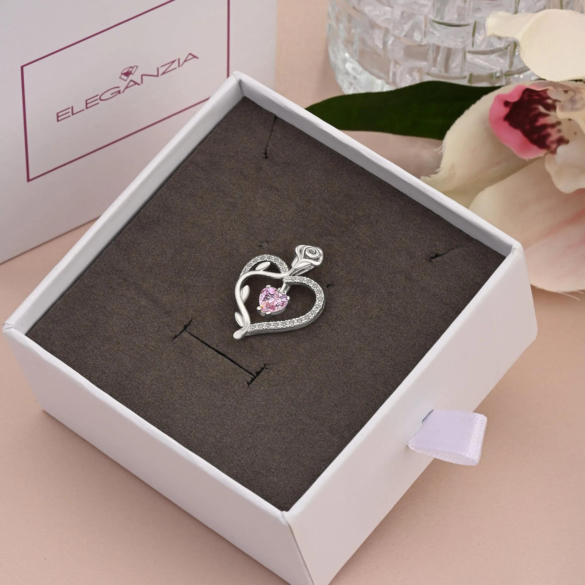 Sterling Silver Rose Heart Pendant with Pink CZ