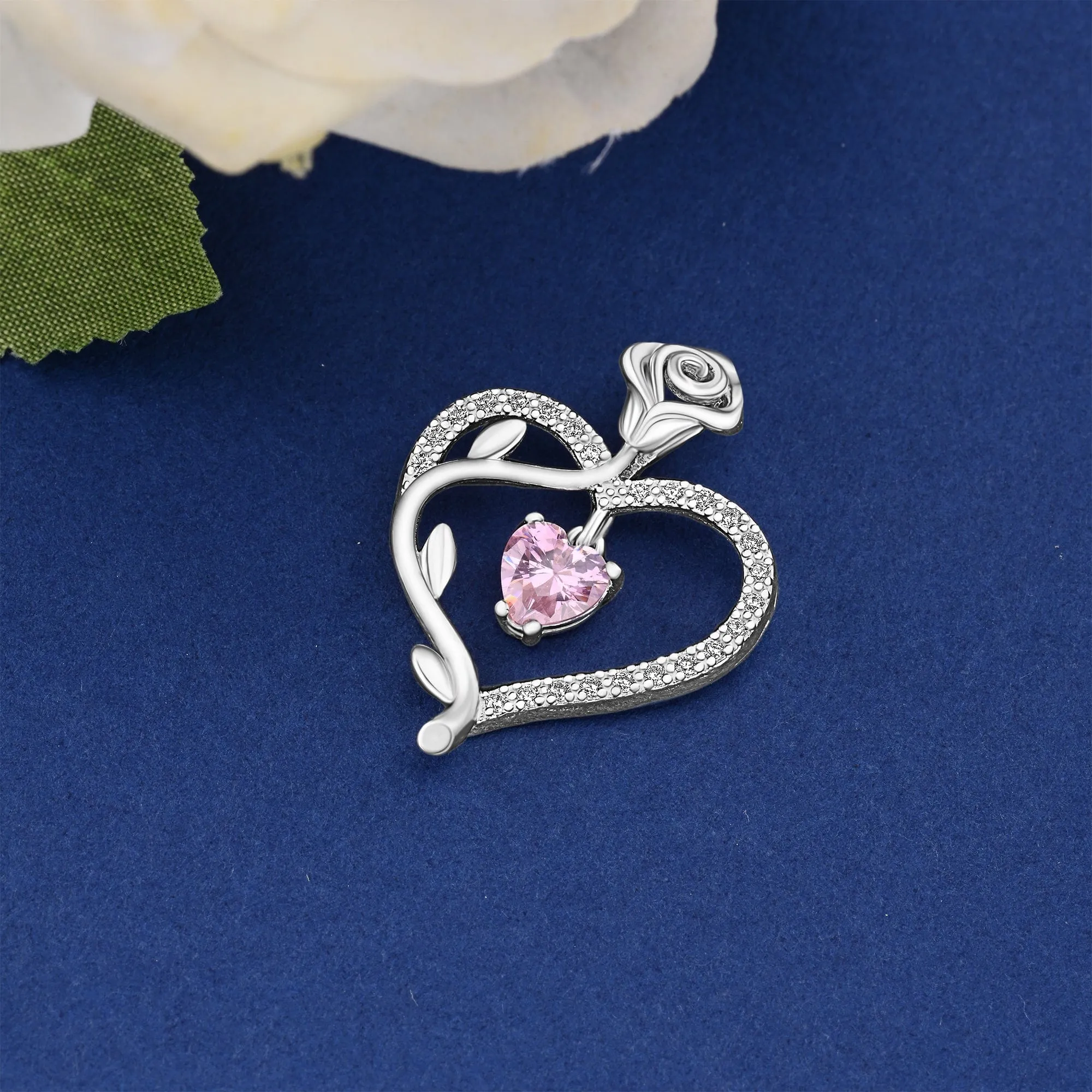 Sterling Silver Rose Heart Pendant with Pink CZ