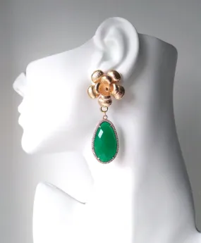 Textured Rose Stud with Haloed Green Agate Earrings