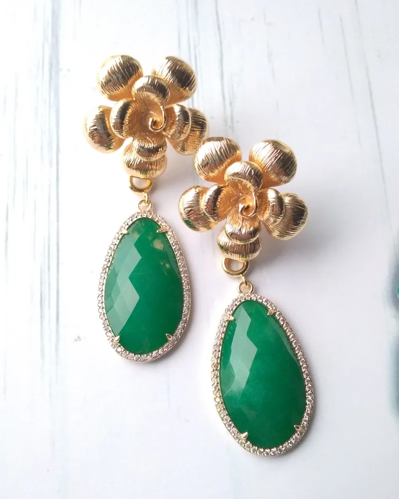 Textured Rose Stud with Haloed Green Agate Earrings