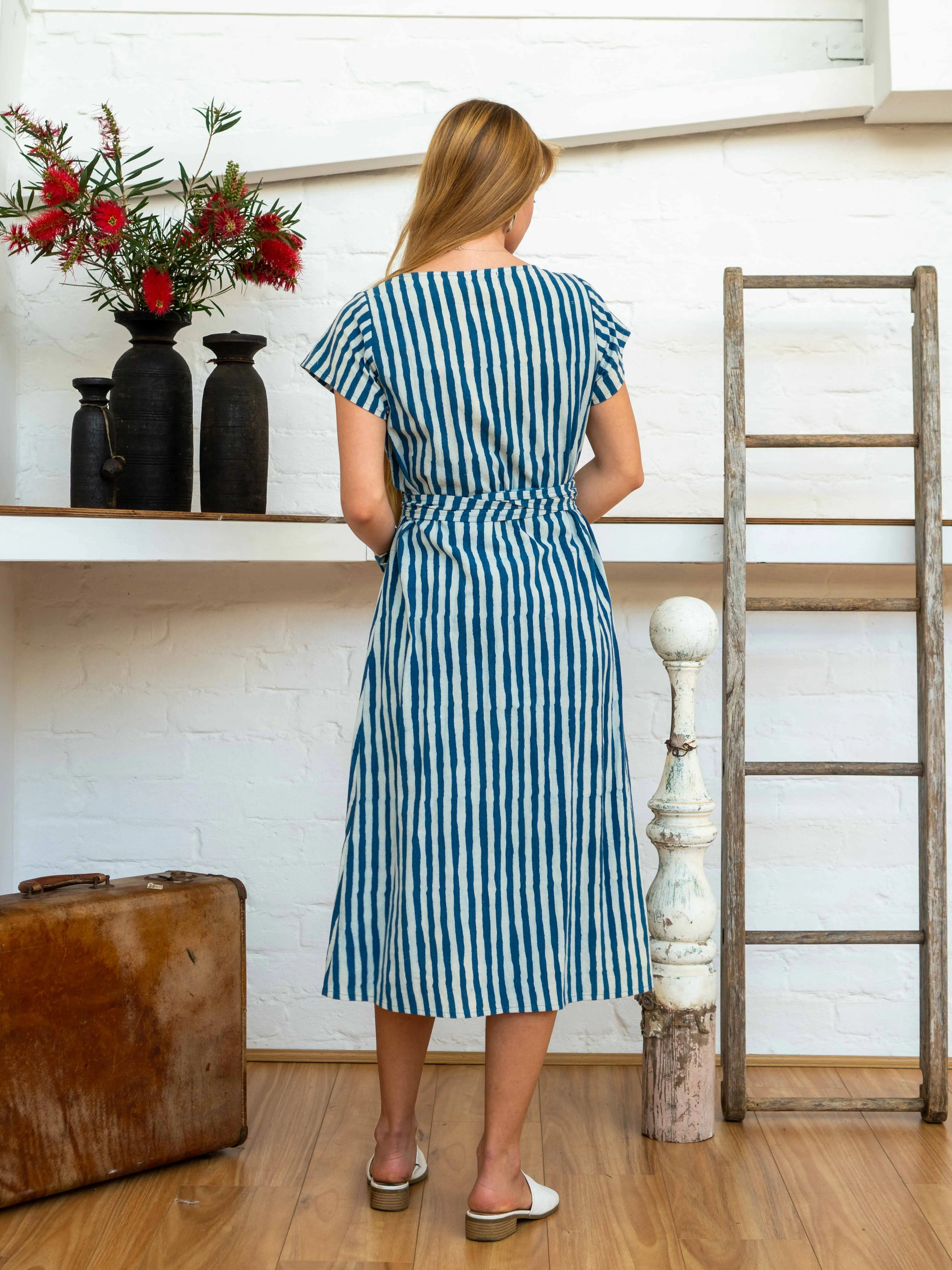 Tie Wrap Dress - Indigo Stripes