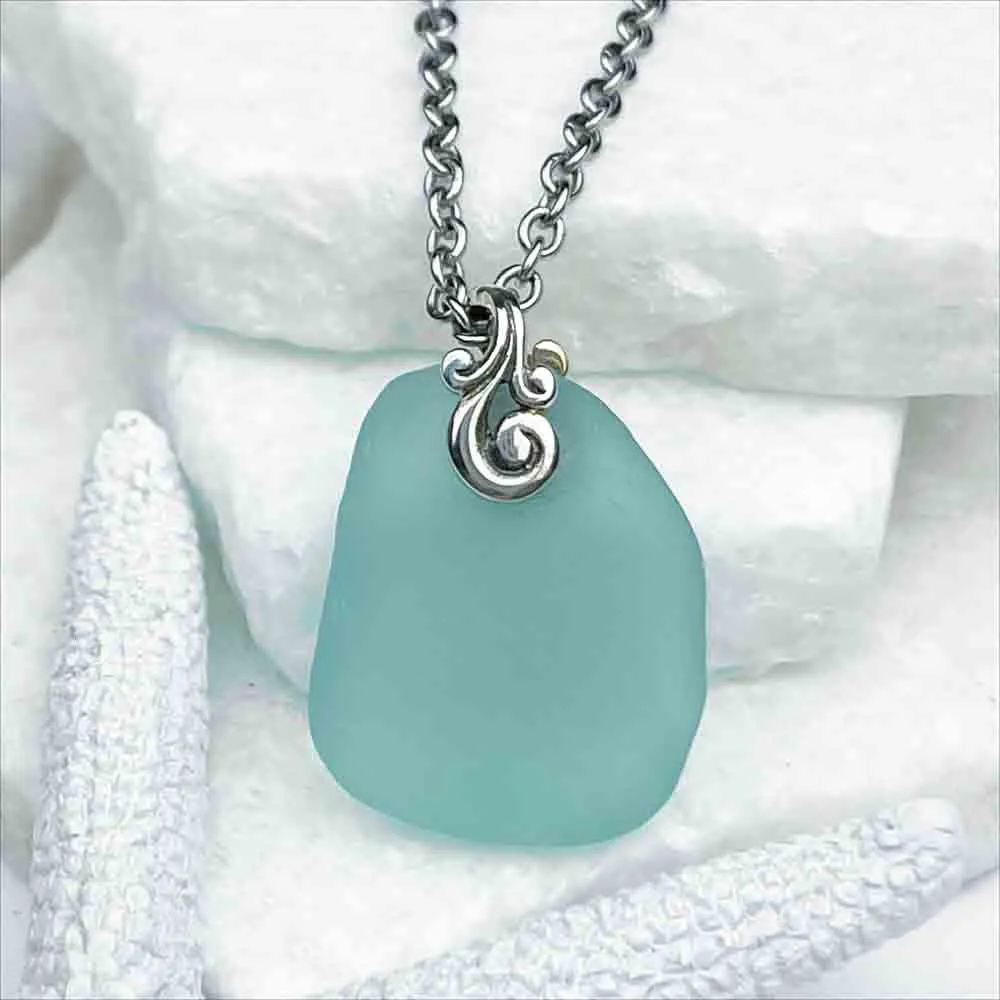 Timeworn Aqua Sea Glass Pendant with Ocean Waves Bail | #1939