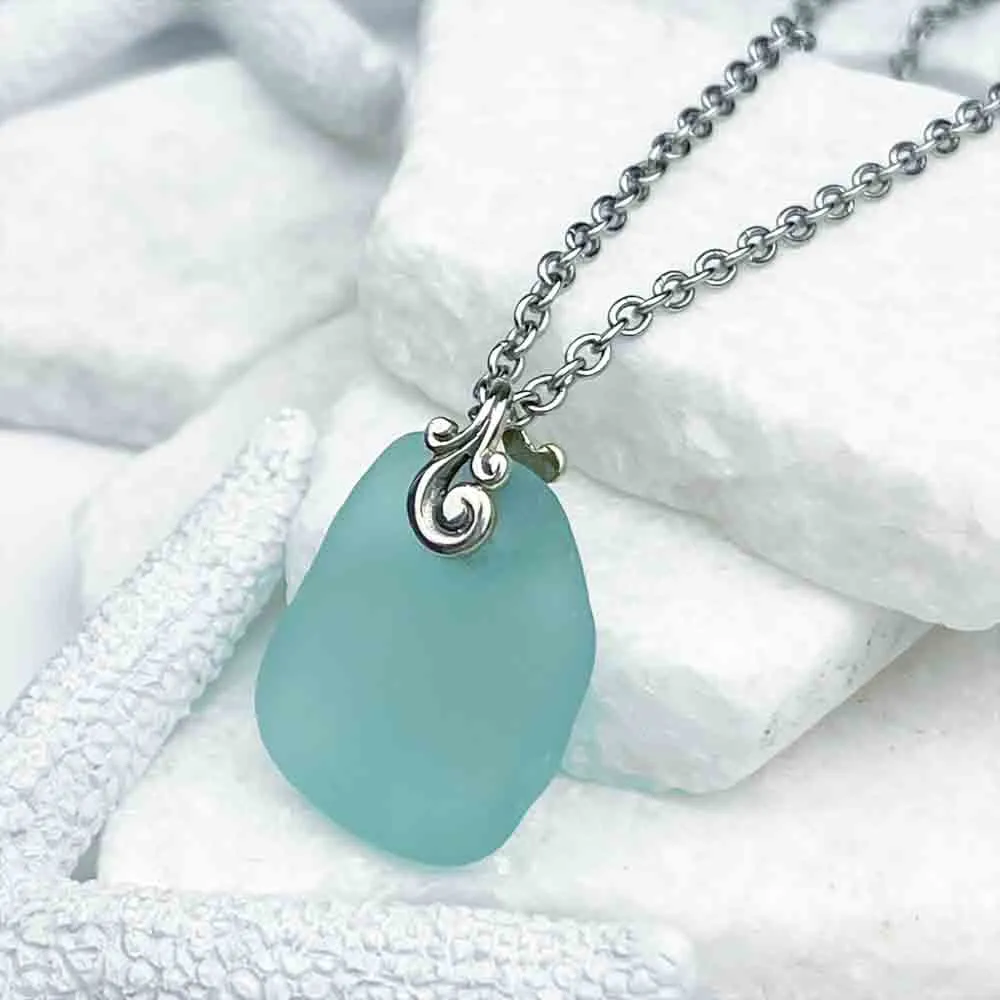 Timeworn Aqua Sea Glass Pendant with Ocean Waves Bail | #1939