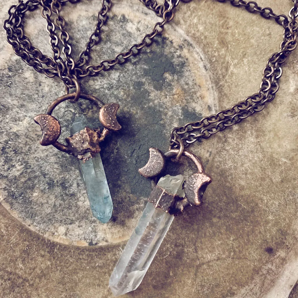 trinity // copper electroformed quartz crystal and moon pendant necklace