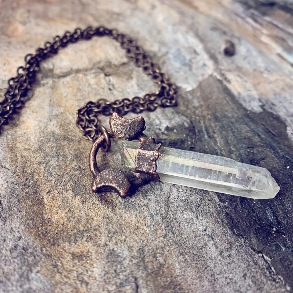 trinity // copper electroformed quartz crystal and moon pendant necklace