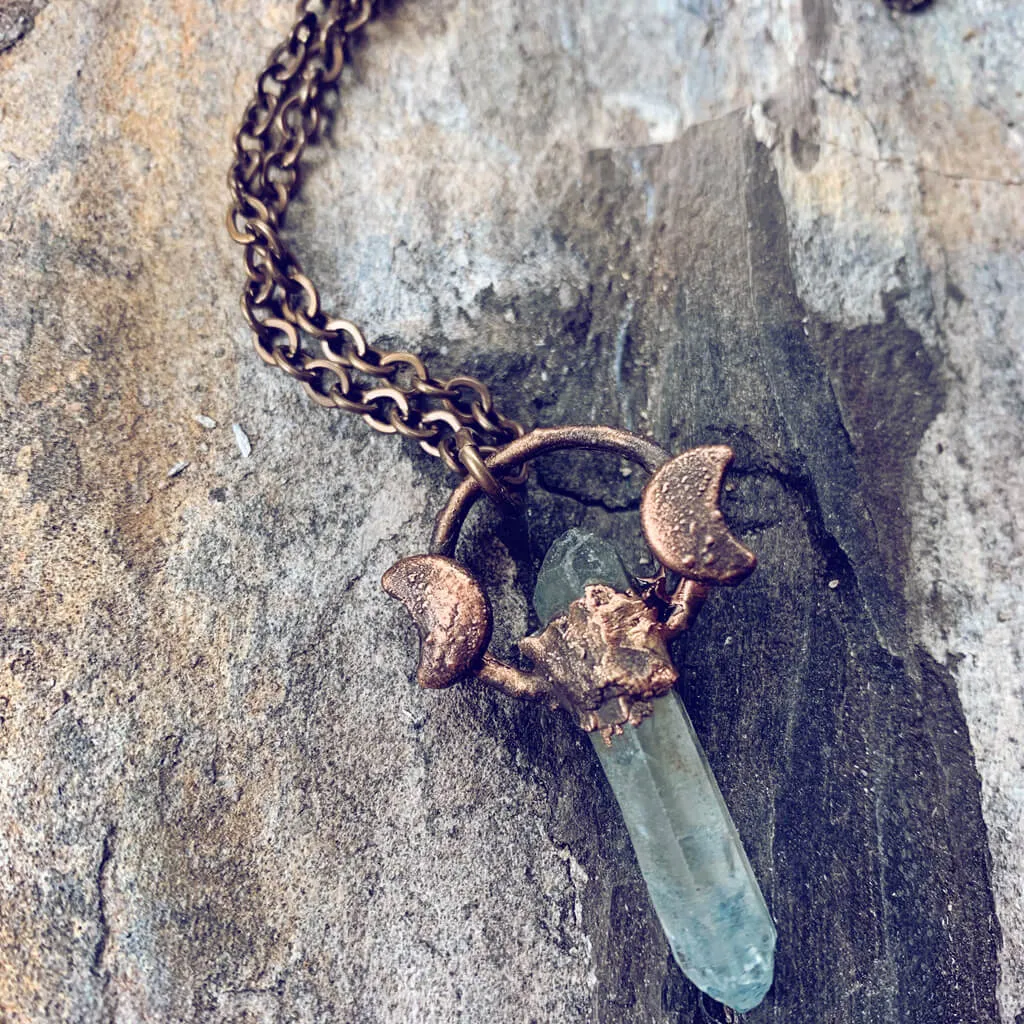 trinity // copper electroformed quartz crystal and moon pendant necklace