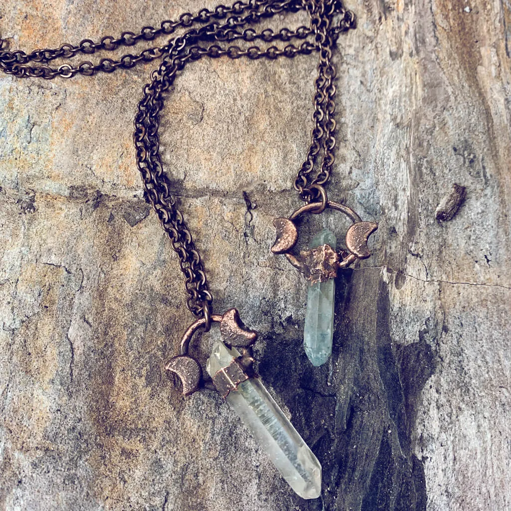 trinity // copper electroformed quartz crystal and moon pendant necklace