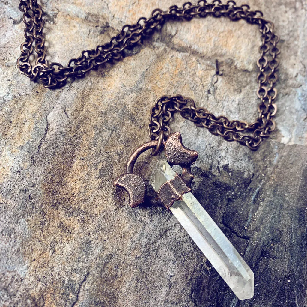 trinity // copper electroformed quartz crystal and moon pendant necklace