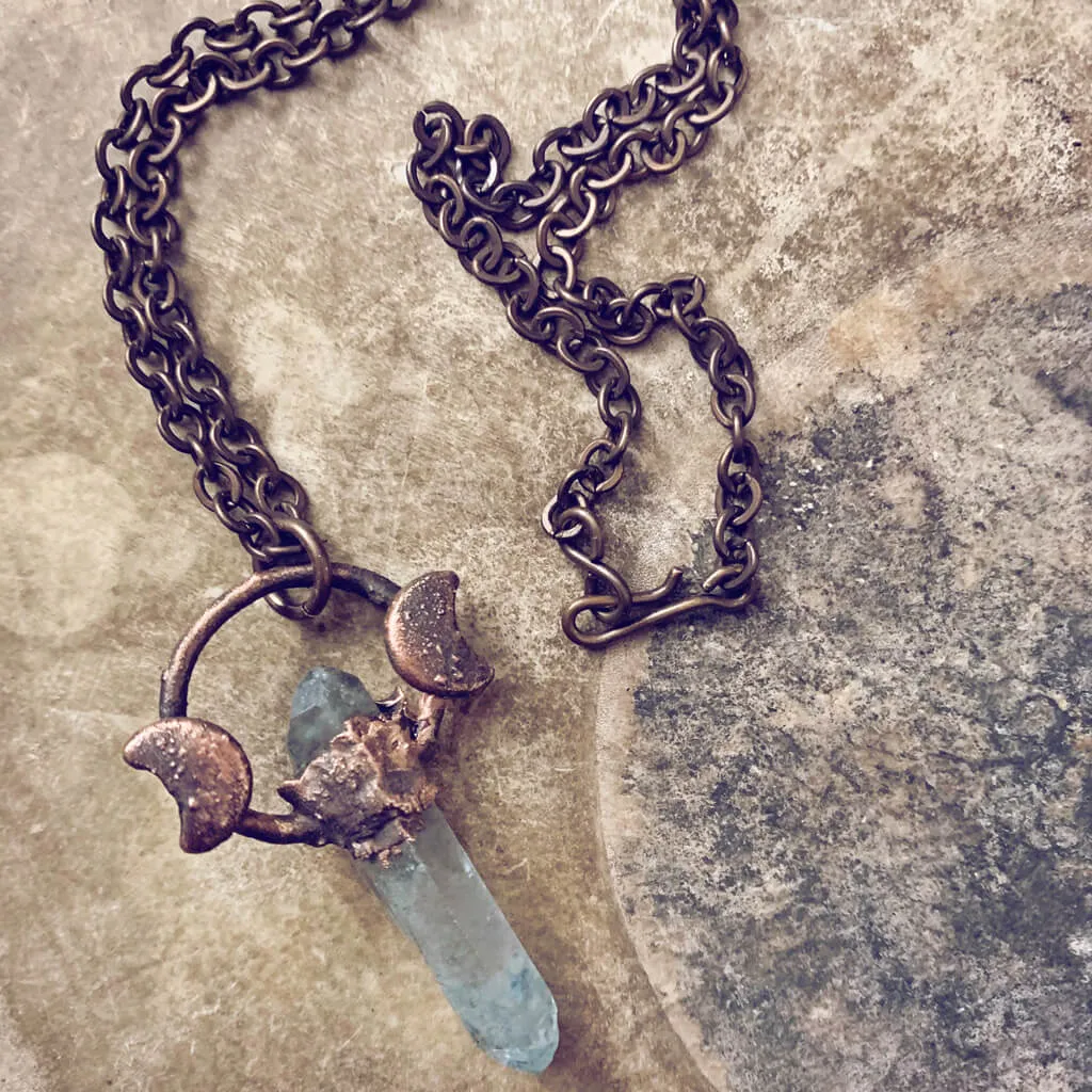 trinity // copper electroformed quartz crystal and moon pendant necklace