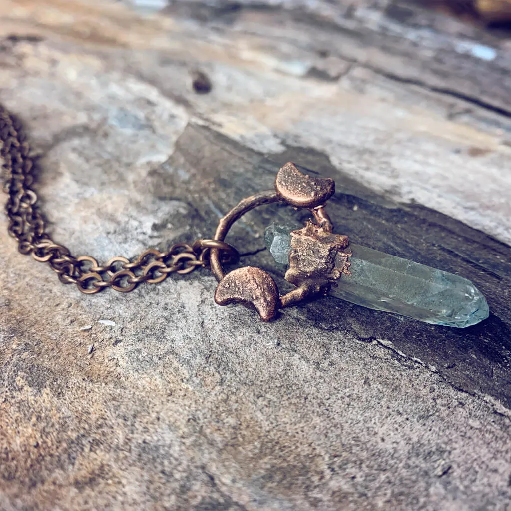 trinity // copper electroformed quartz crystal and moon pendant necklace