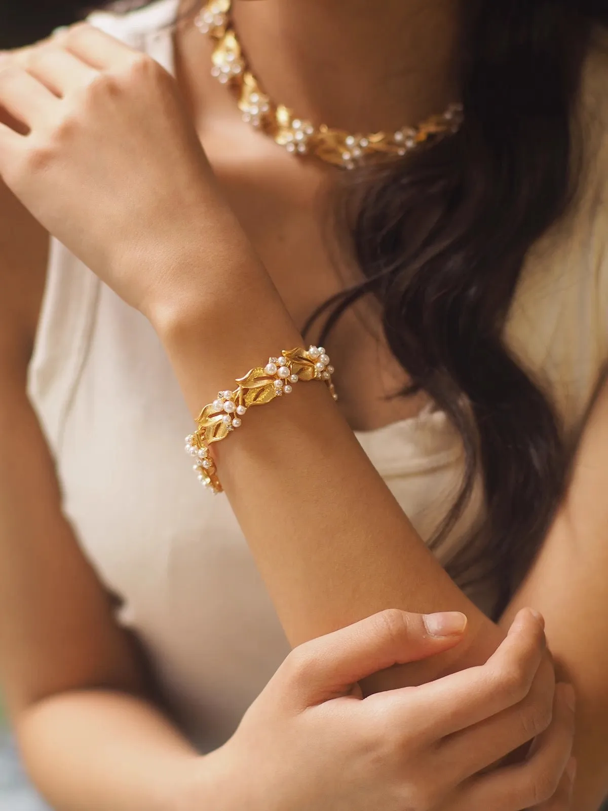 Vintage Leaf Pearls Necklace,Bracelet and Earrings Set (Purchase Individually)