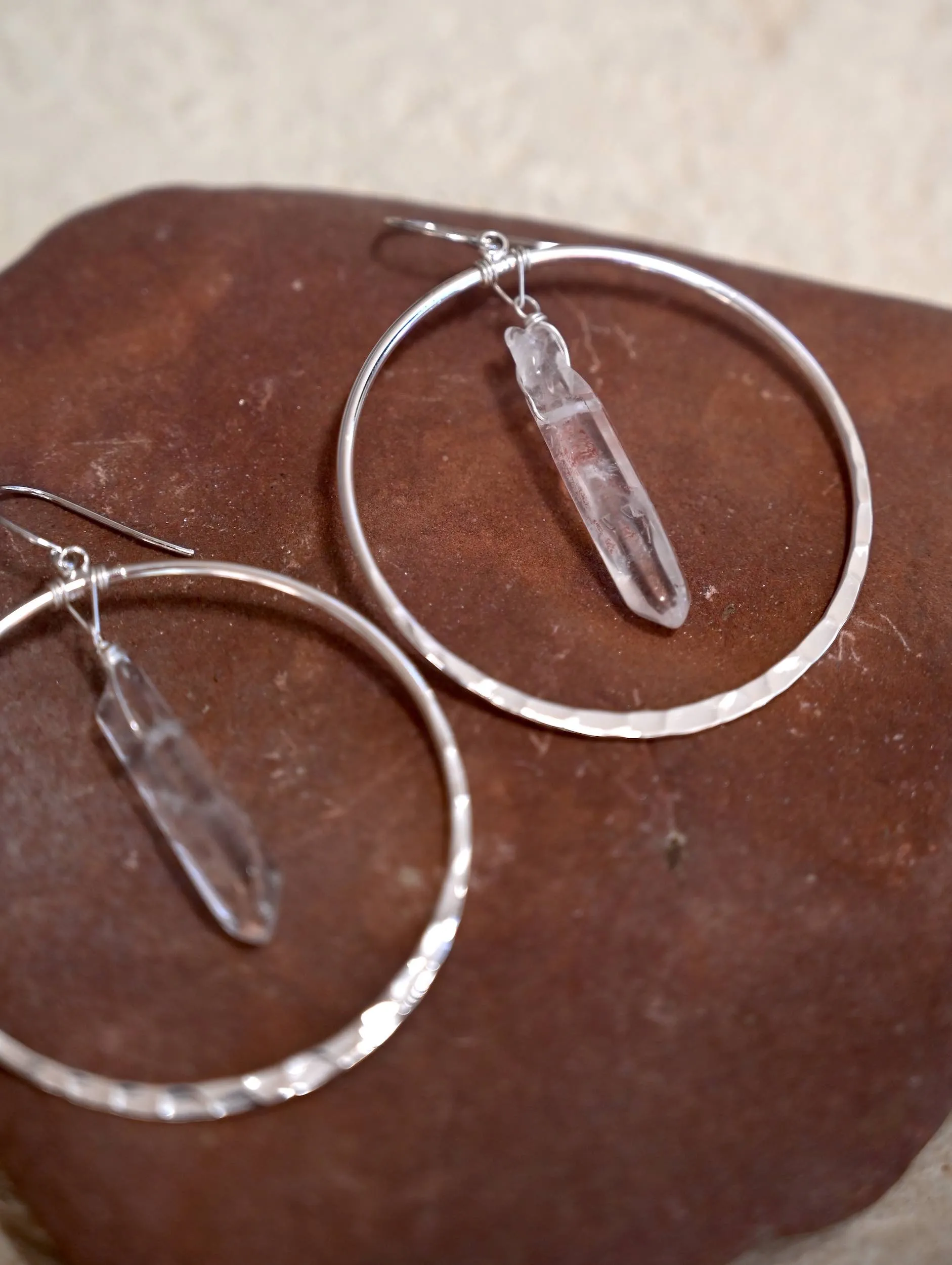 Wands of Light Quartz Silver Hoops