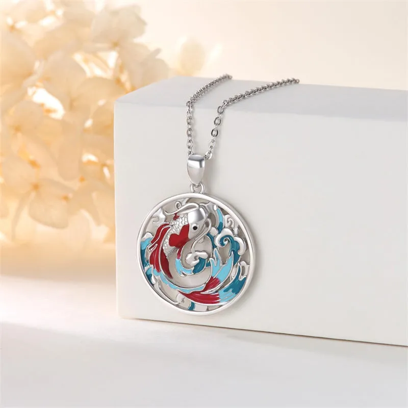 Wave Necklace 925 Sterling Silver Dragon/Koi Ocean Wave Pendant Necklace Wave Beach Jewelry Gift for Women Mother