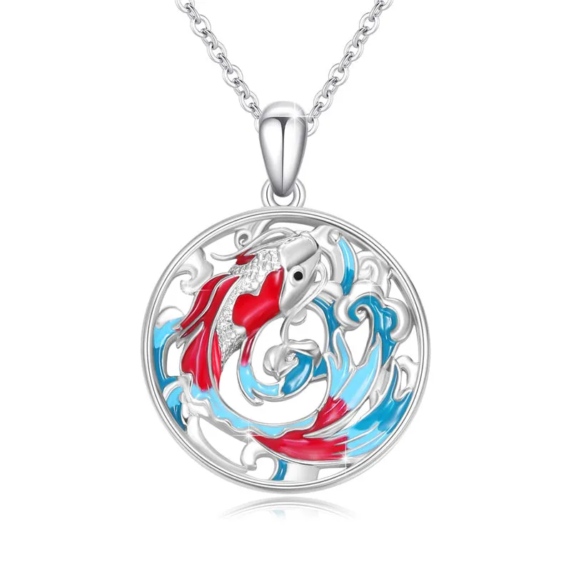 Wave Necklace 925 Sterling Silver Dragon/Koi Ocean Wave Pendant Necklace Wave Beach Jewelry Gift for Women Mother