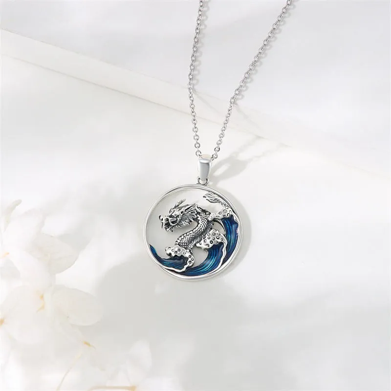 Wave Necklace 925 Sterling Silver Dragon/Koi Ocean Wave Pendant Necklace Wave Beach Jewelry Gift for Women Mother