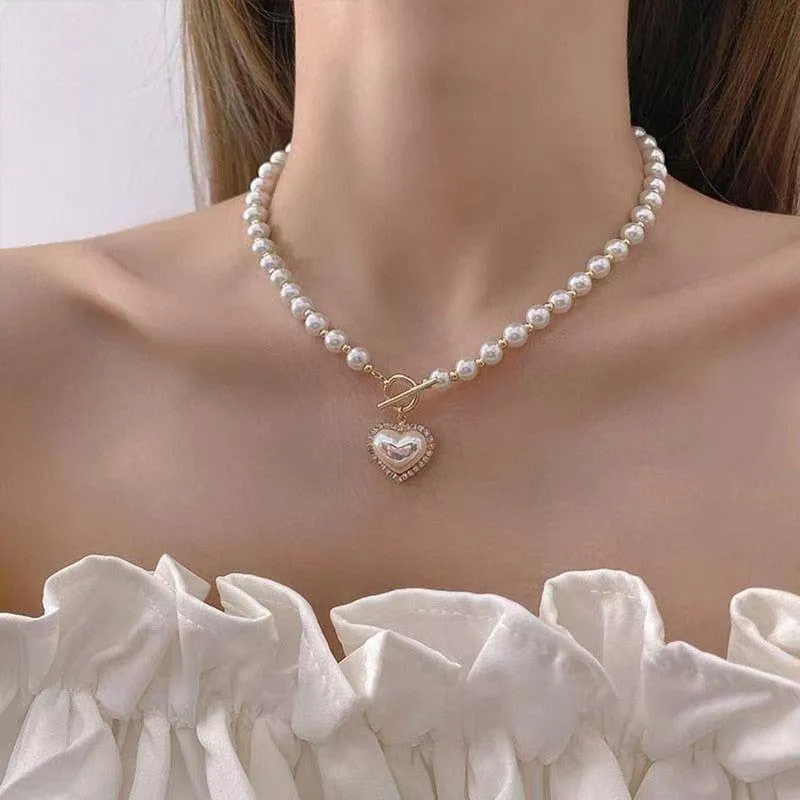 WB118: Luxury Heart-Shaped Simulated Pearl Necklace - Charm Jewelry