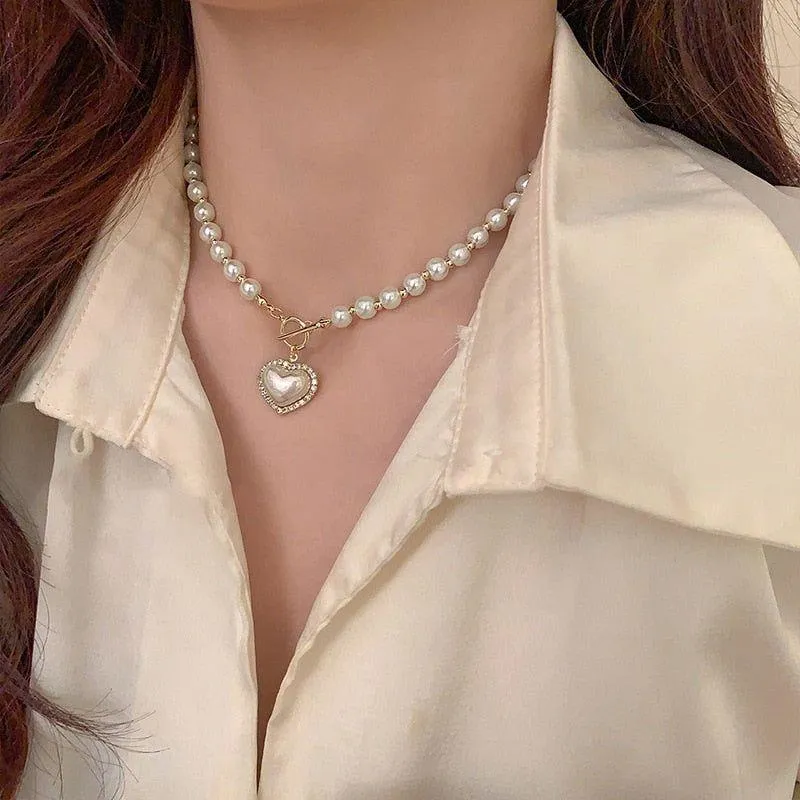 WB118: Luxury Heart-Shaped Simulated Pearl Necklace - Charm Jewelry