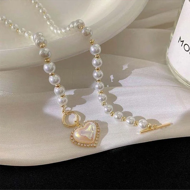 WB118: Luxury Heart-Shaped Simulated Pearl Necklace - Charm Jewelry